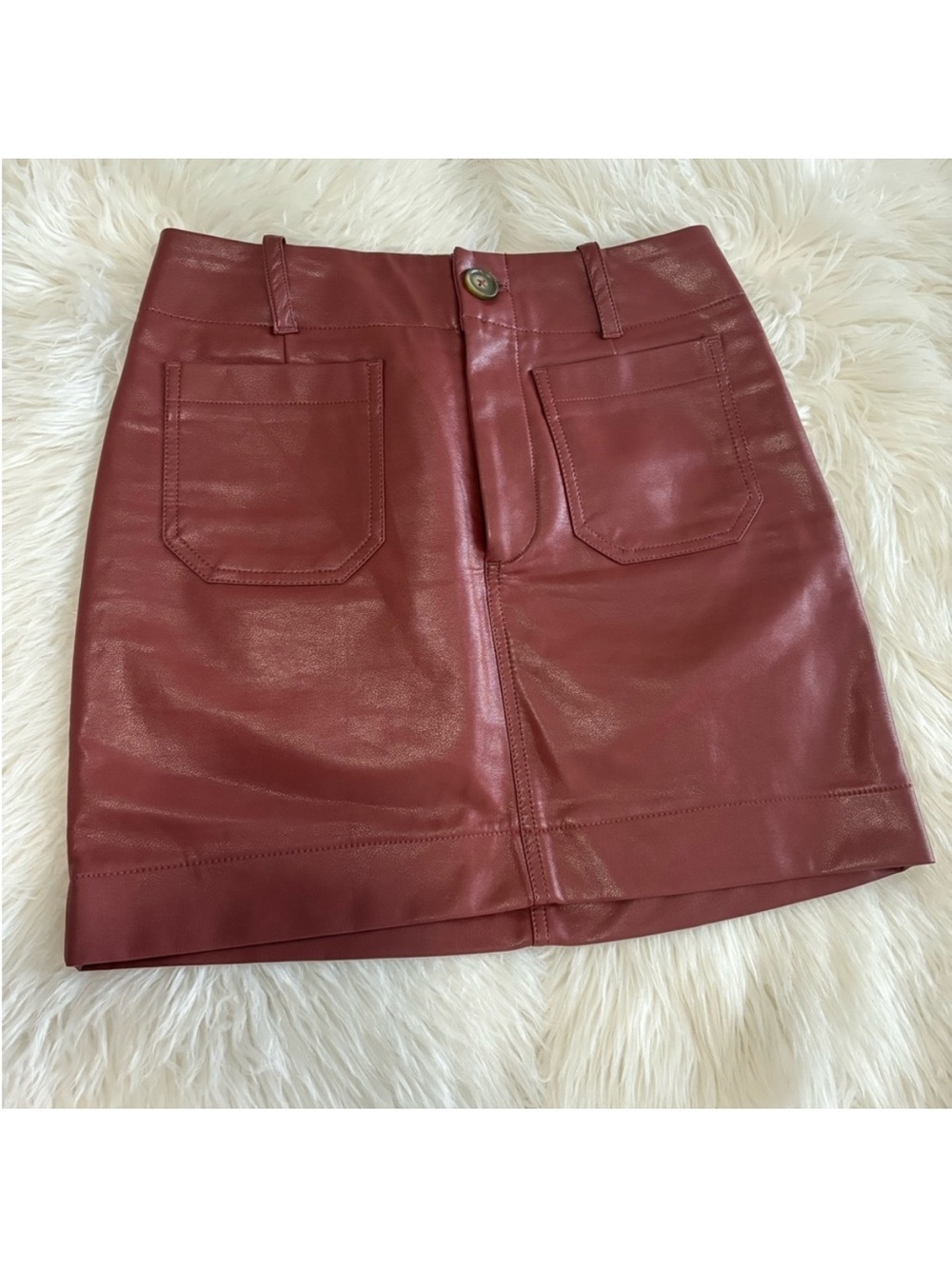 Anthropologie Rust Red Faux Leather Mini Skirt with Front Pockets